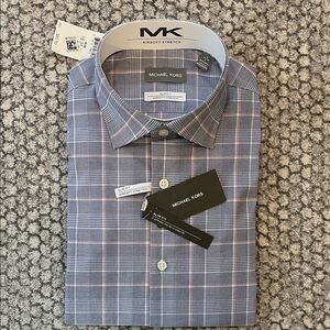 Michael Kors Navy Plaid Men's Slim fit Airsoft Stretch Dress Shirt Sz 16 34/35